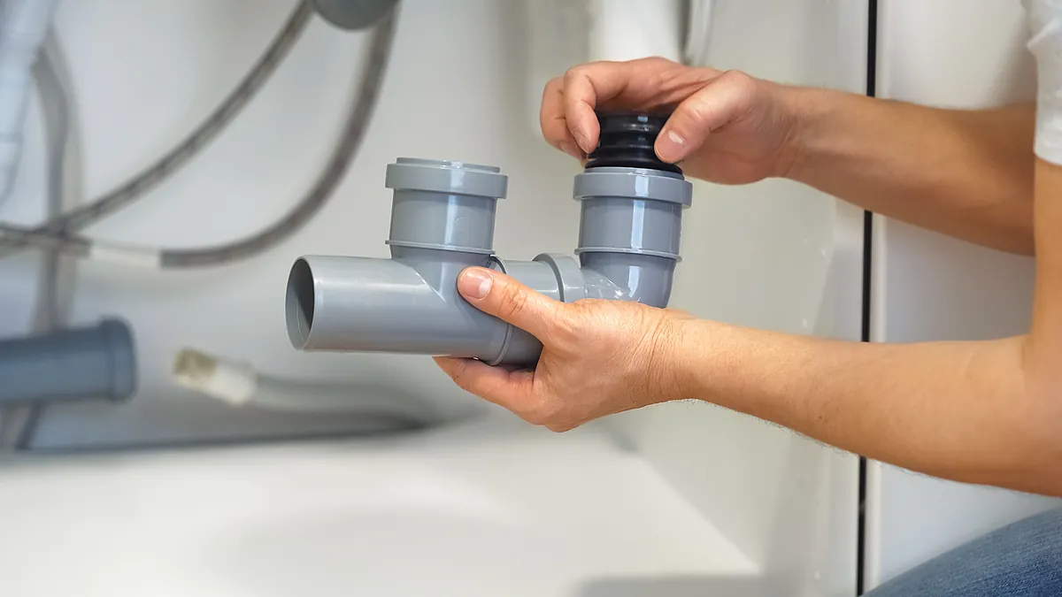 Siphon und Abflussrohr am Waschbecken montieren Hände montieren einen grauen Kunststoff-Siphon unter einem Waschbecken